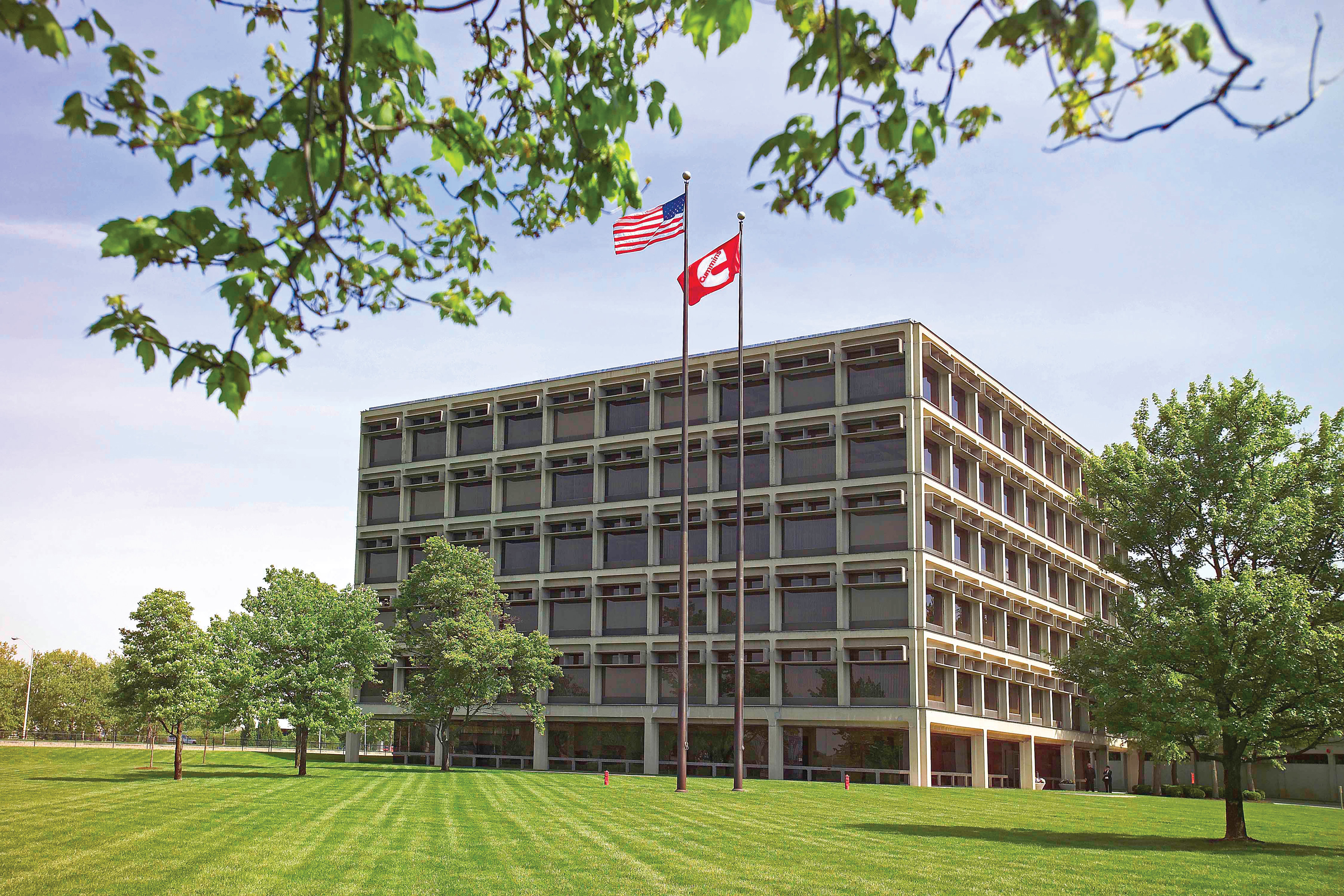 The Cummins Columbus Technical Center houses research, development and testing. There are two buildings: the six-story, window-wall office building, and the larger facility which houses test cells.