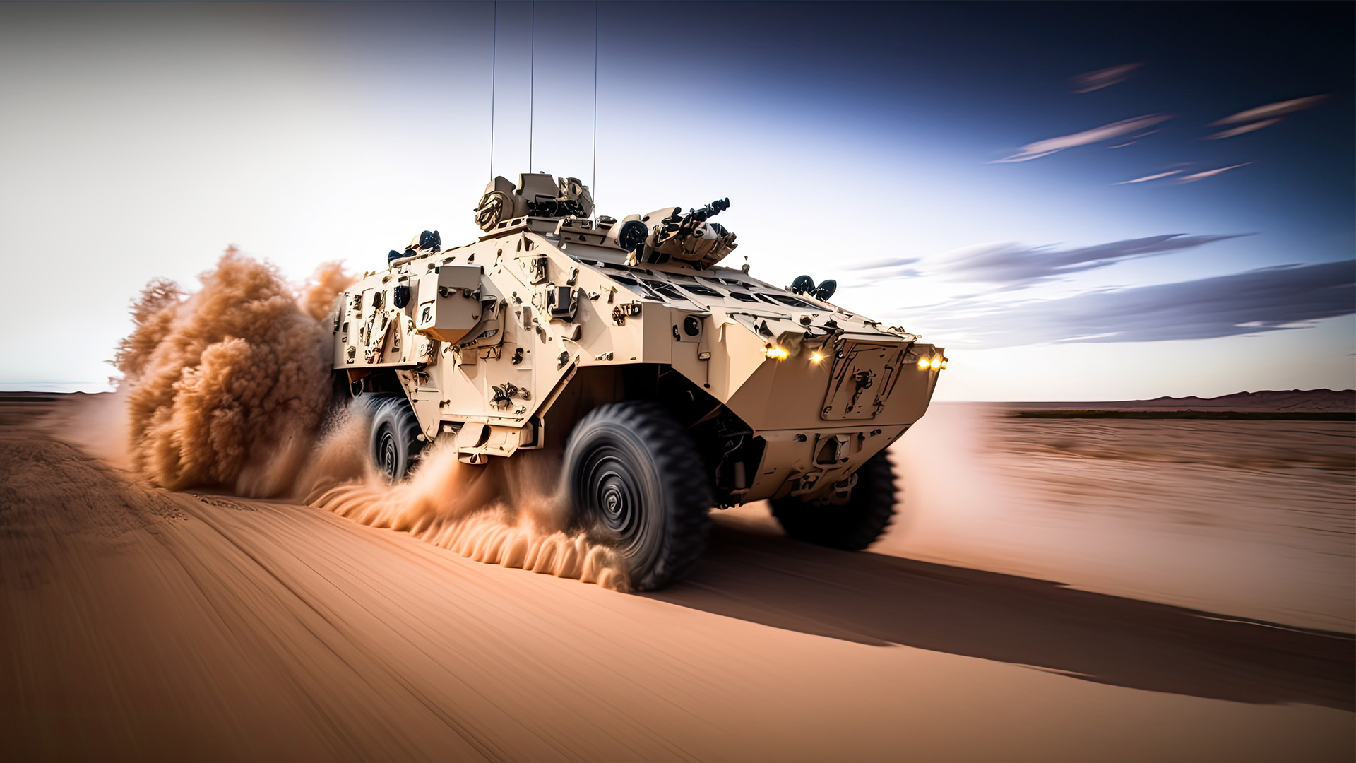 Armored military vehicle driving across desert terrain, kicking up dust during a land defense mobility demonstration