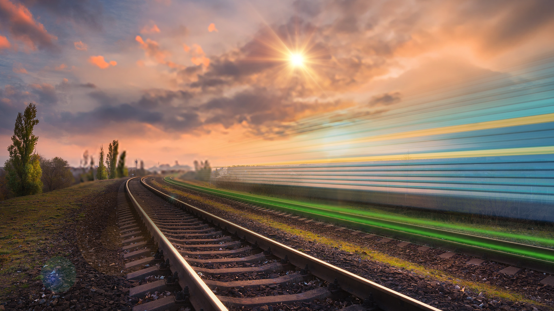 rail road with colorful sunset