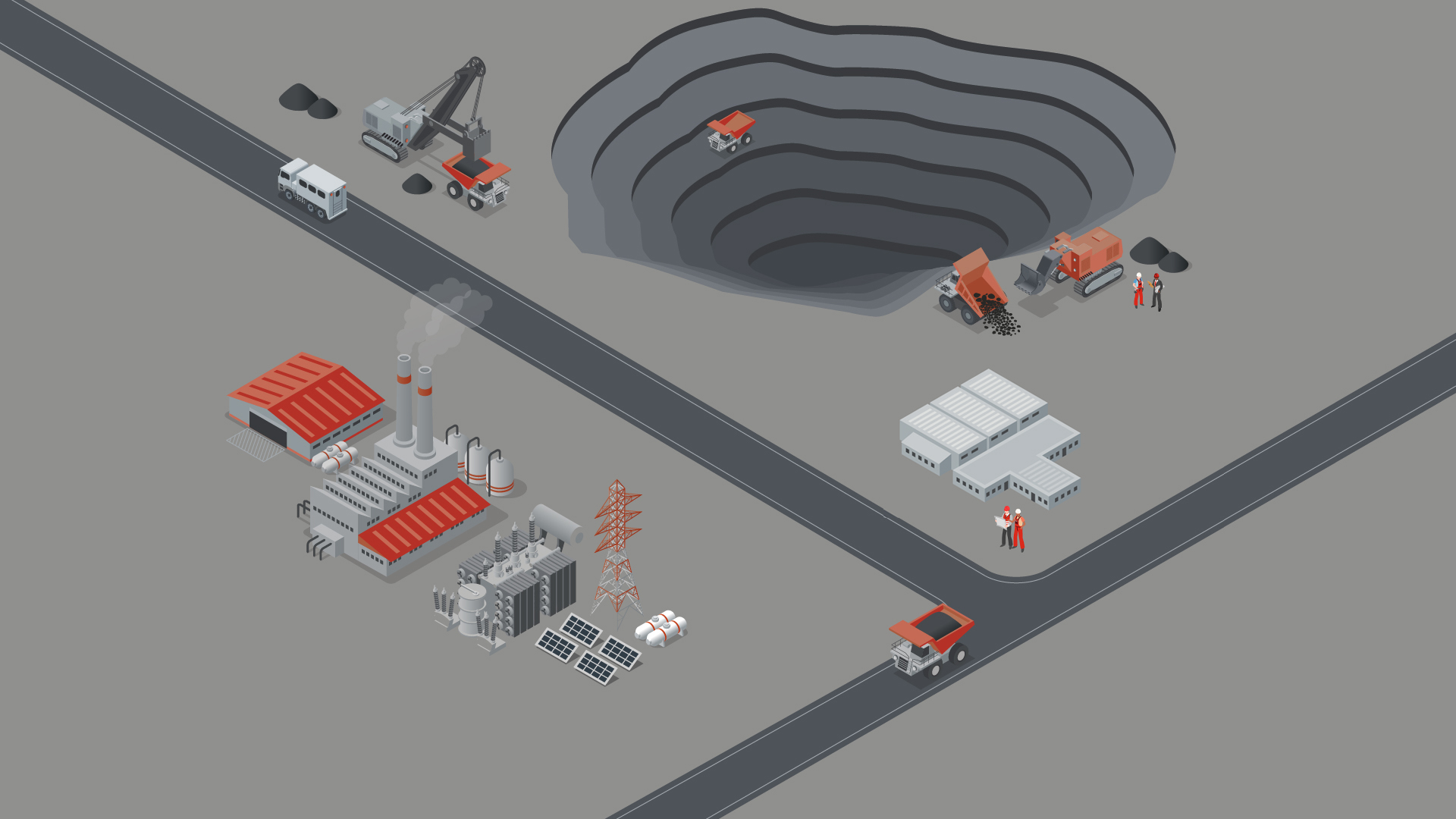 Illustration of an open-pit mining site with haul trucks, excavators, processing facilities and power infrastructure