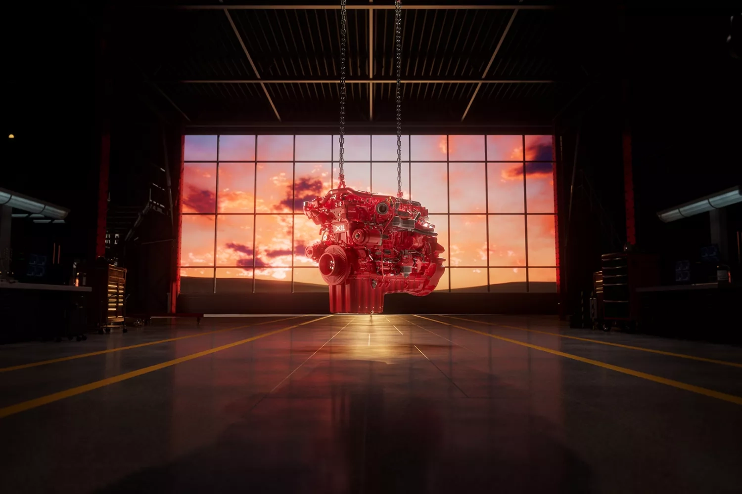 2027 x15 engine inside warehouse with dramatic sunrise behind
