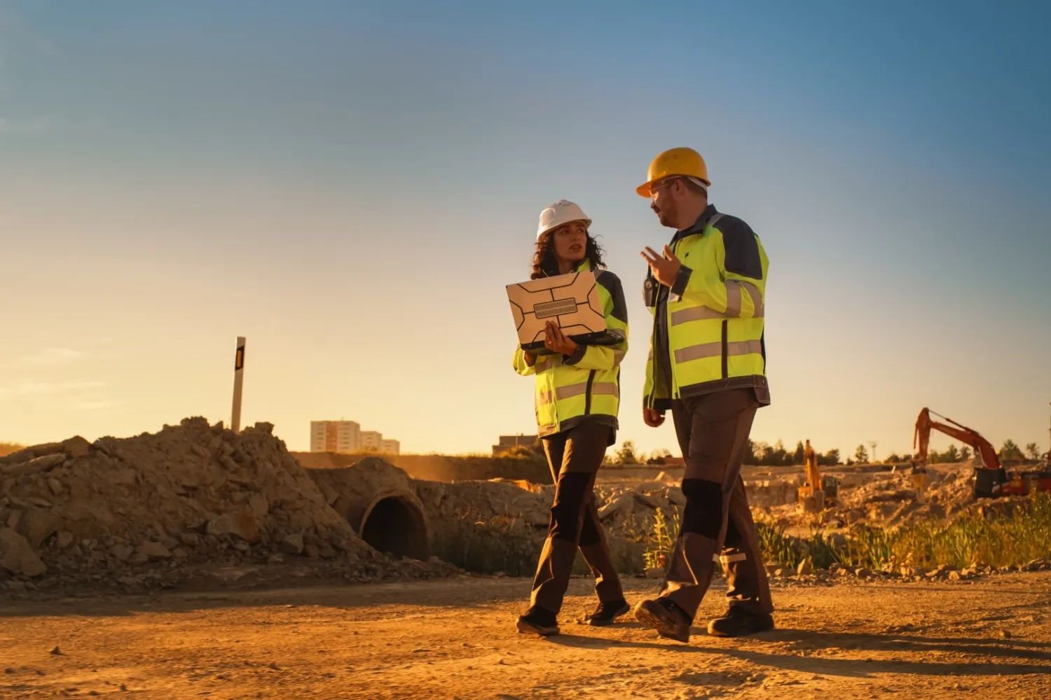 Construction workers talking to each other 