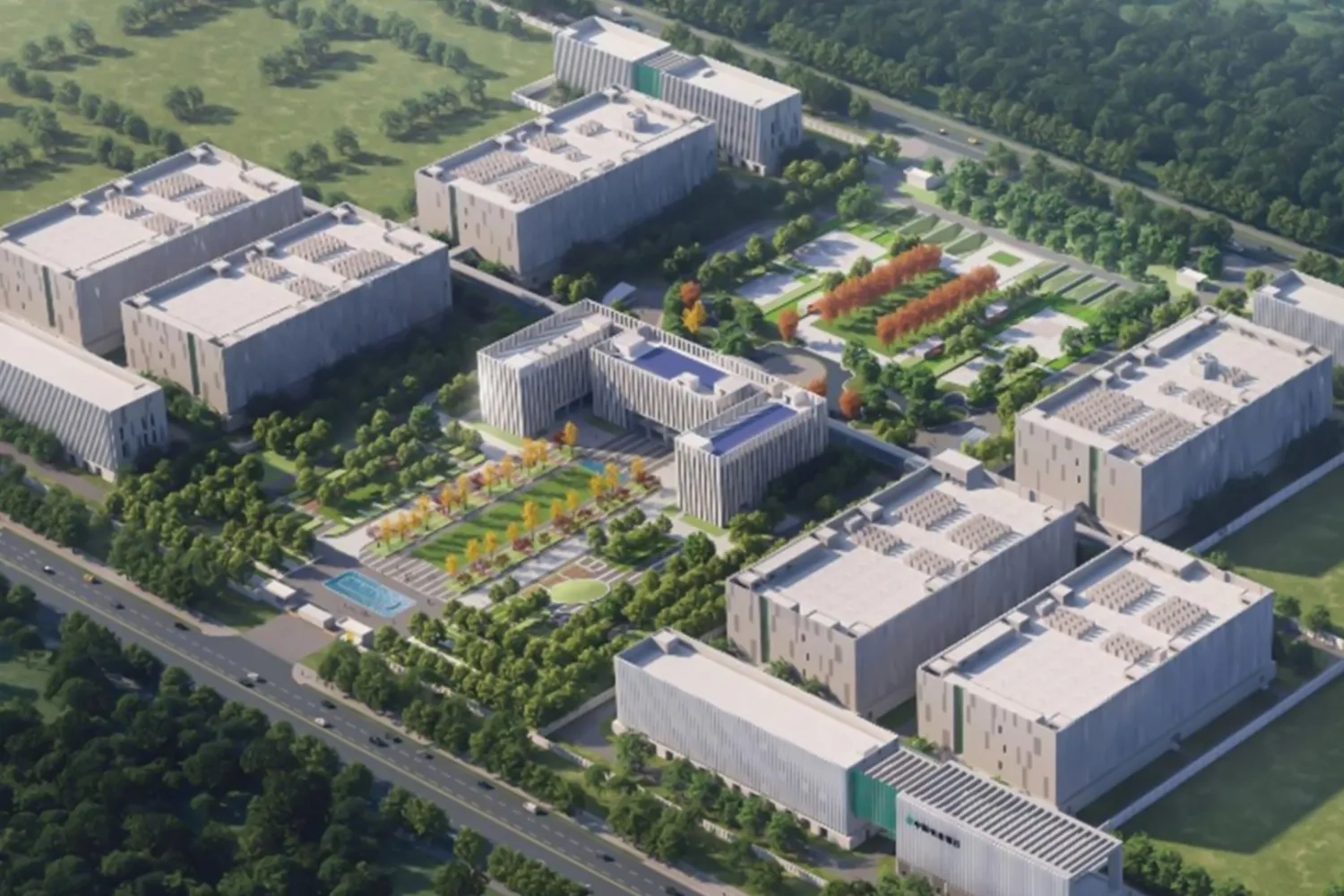 render of data center facility from drone view