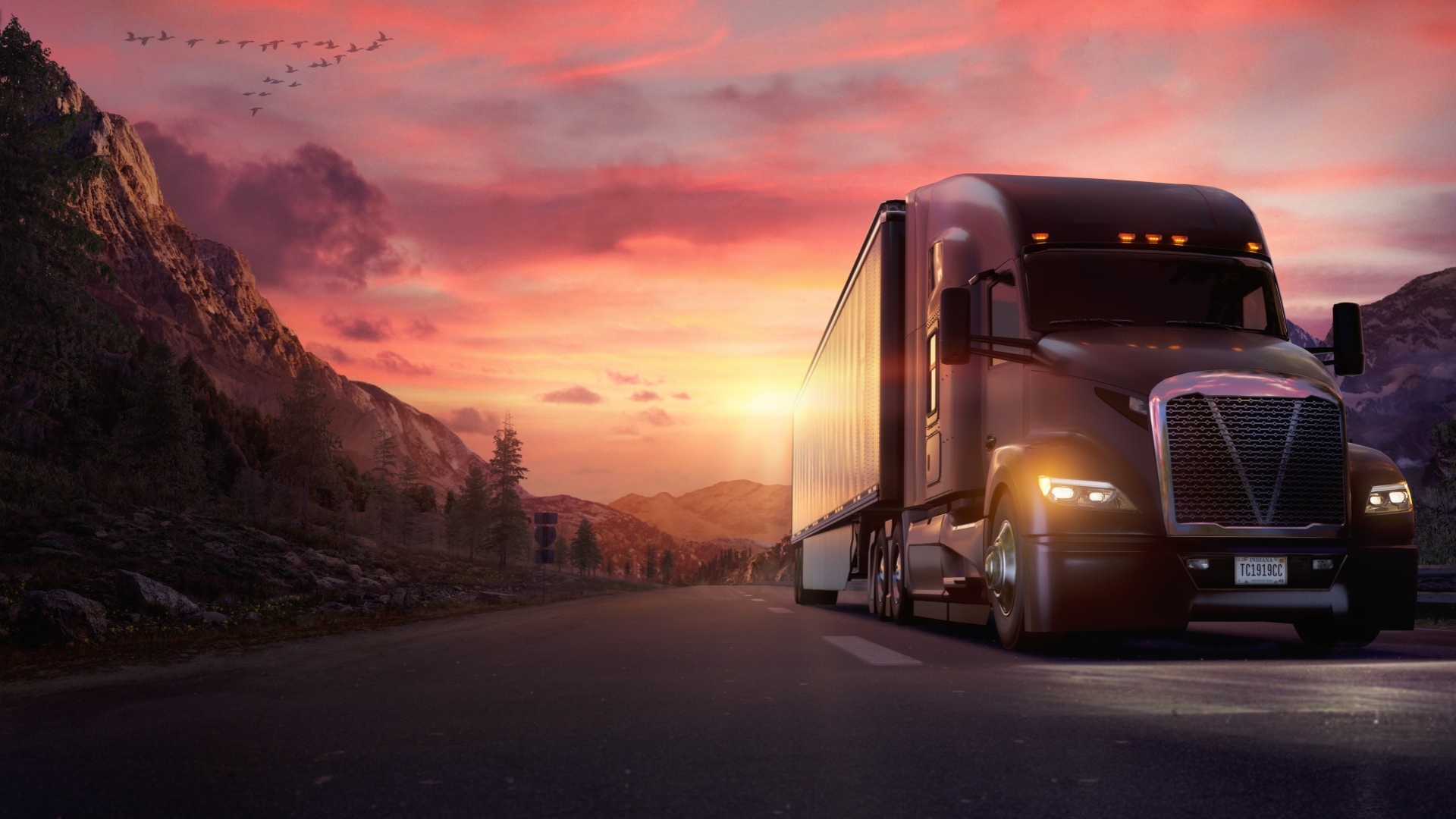 Truck driving on highway away from sun setting