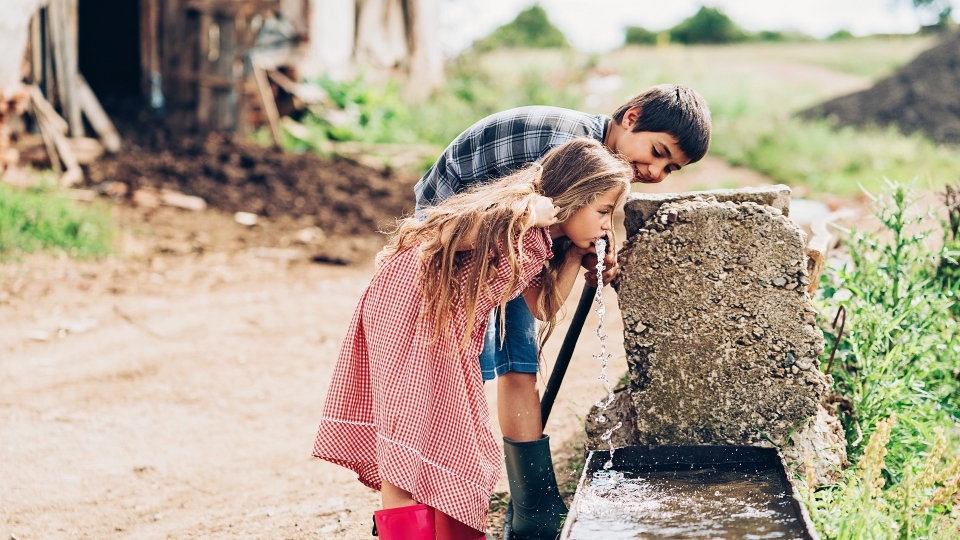 Kids drinking water from hose