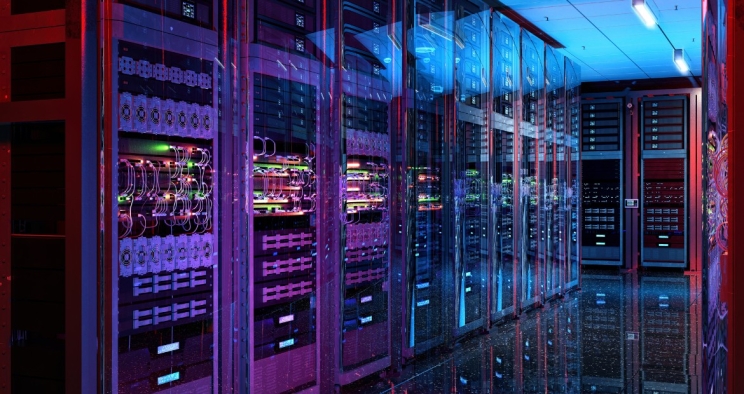  Illuminated server racks inside a modern data center, with glowing cables and equipment