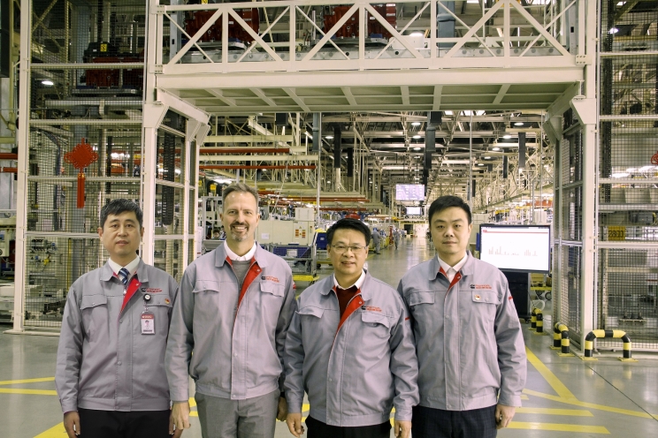 The Beijing Foton Cummins Engine Company is using technology to improve a host of issues from quality to customer satisfaction. The plant’s leadership, left to right, includes Zhao He, Manufacturing Engineering Leader; Miguel Kindler, Plant Manager; Chen Hua, General Manager; and Silence Chen, IT Leader.