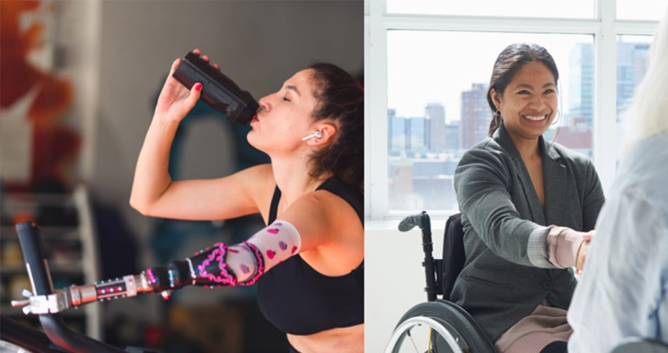 Person with prosthetic arm using a stationary bike; person in a wheelchair shaking hands with someone else