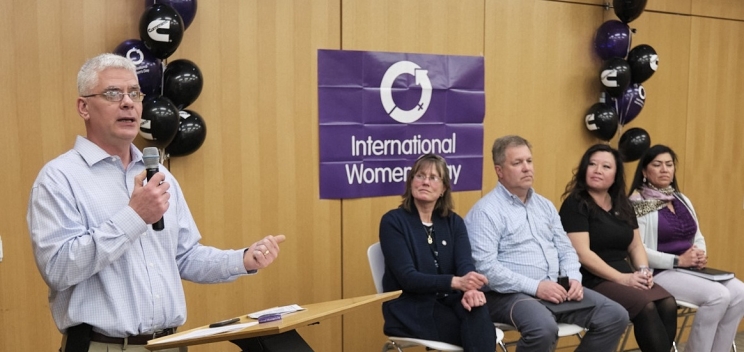 Chief Technical Officer Jim Fier speaks at an International Women's Day event in 2020, shortly before the pandemic fully hit the company.