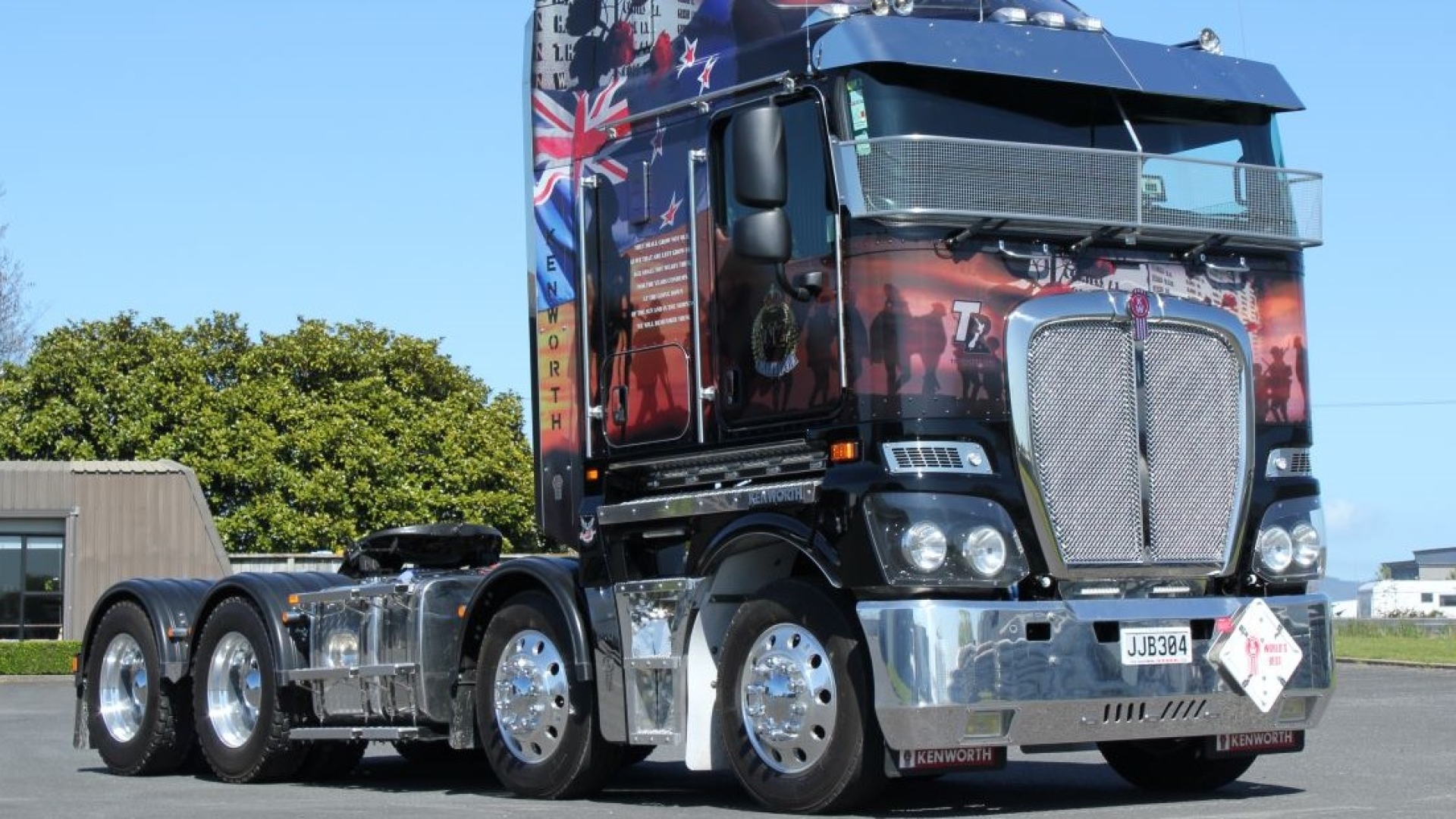 Semi truck parked in a field