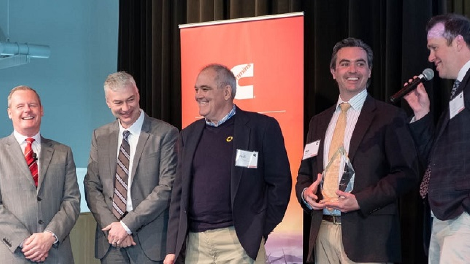 The winning team from BBC Pump and Equipment Co. Inc. is joined on stage by Cummins' Denis Ford (far left) and Jim Gruwell (second from left) at the first Cummins U.S. Innovation Gateway.