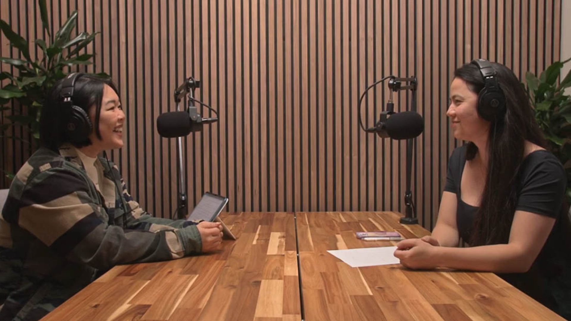 Podcast host and guest speaking