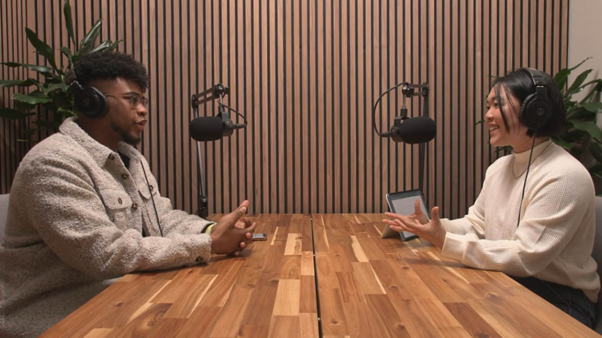 Podcast host and guest speaking