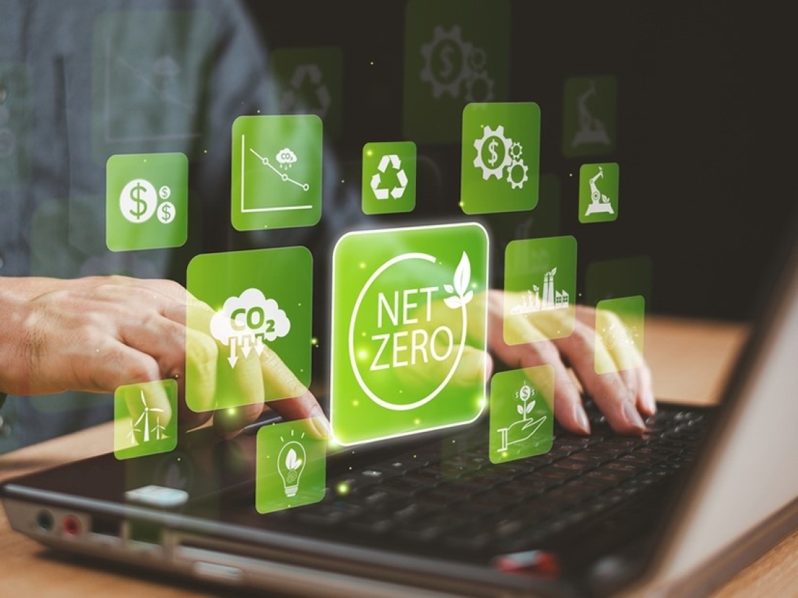 environmental icons and person on laptop