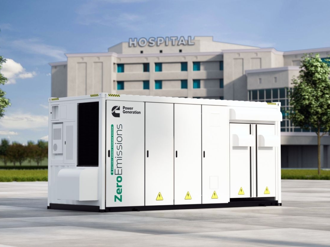 cgi of battery energy storage system container in front of hospital